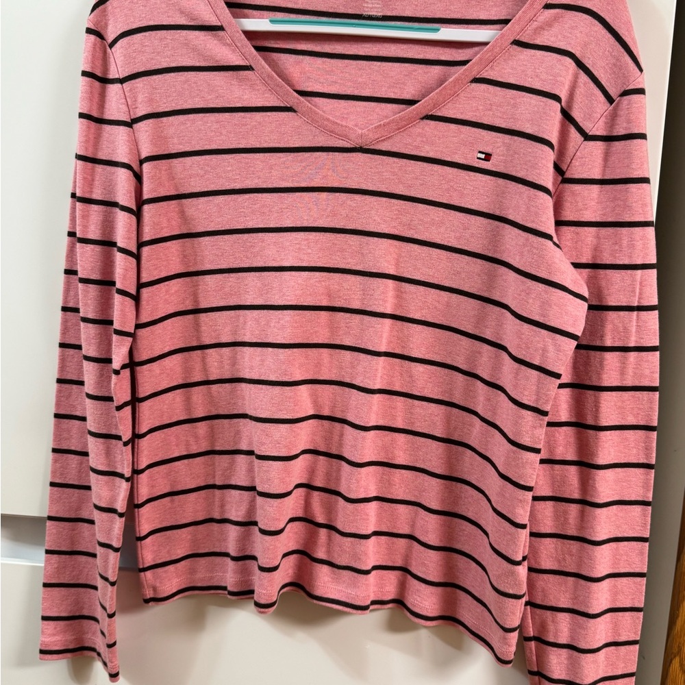 Tommy Hilfiger Women's Pink and Black Striped Long Sleeve Top